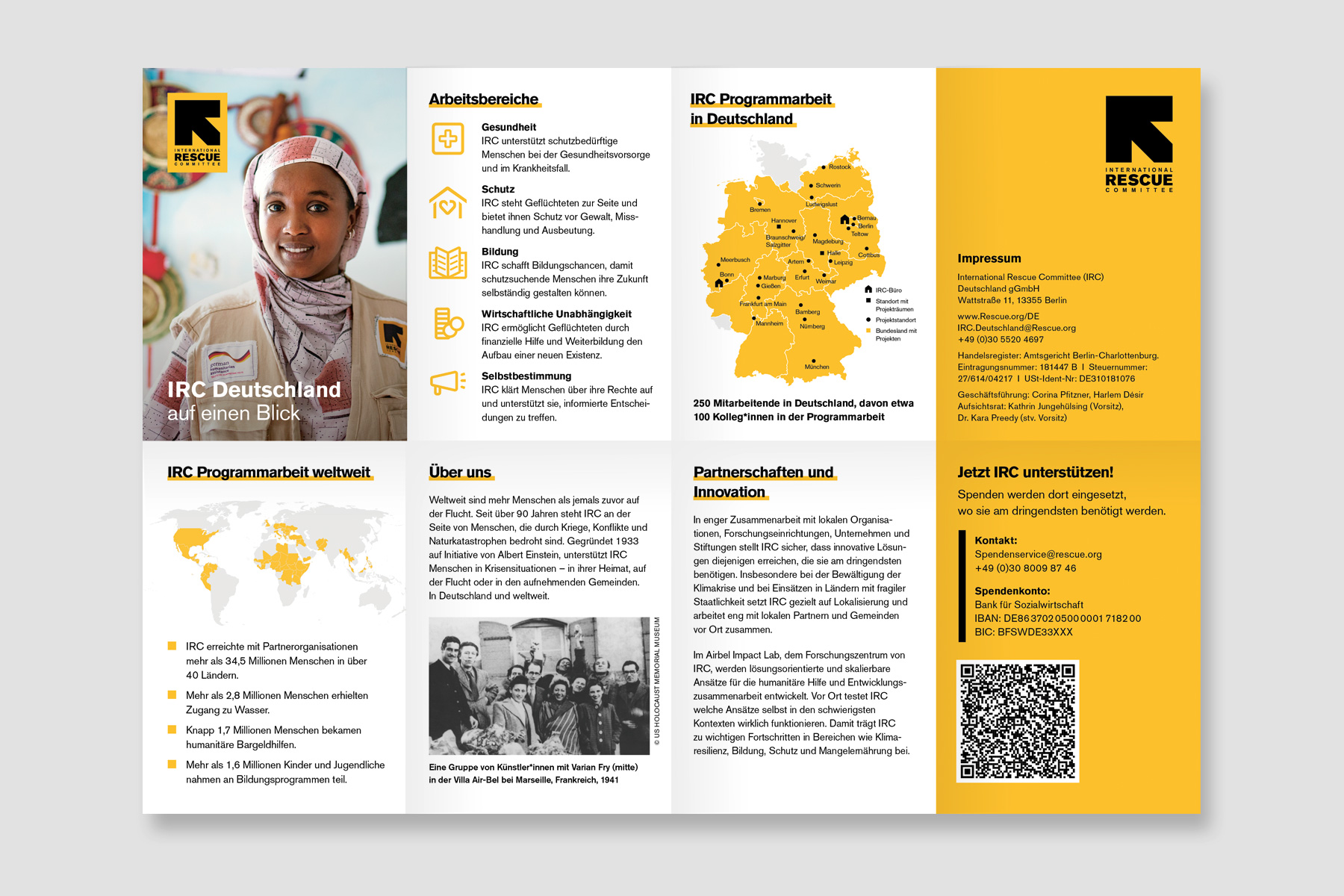 NGO-Infoflyer im Leporello-Kreuzbruchfalz für das International Rescue Committee (IRC Deutschland). Kompaktes Begleitmaterial zum Jahresbericht mit Darstellung der Programmarbeit in Deutschland. 16-seitig mit Karten und Infotexten.
