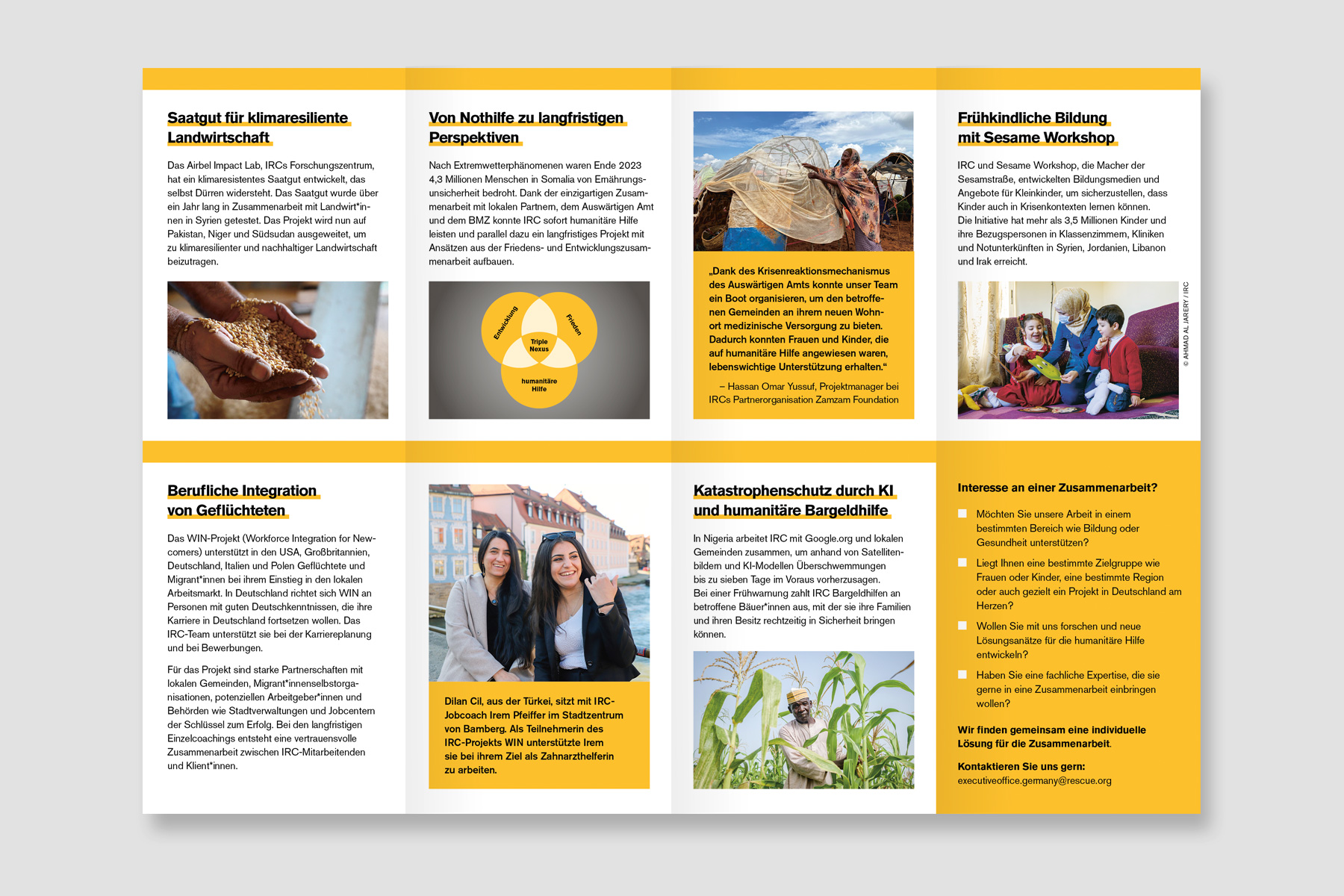 Leporello-Flyer für das International Rescue Committee (IRC Deutschland). Darstellung von Arbeitsfeldern, Projektzielen und Förderbereichen mit einer Kombination aus Fotografien, Textabschnitten und Infografiken. Strukturierte und visuell ansprechende Gestaltung für eine klare Informationsvermittlung.